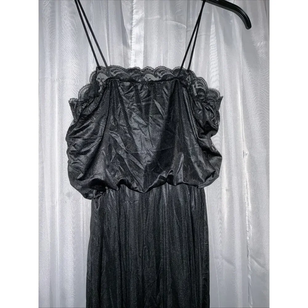 Vintage Deena Elegant Black Silky Nightgown Empire Waist Floral Lace Bodice Sz S